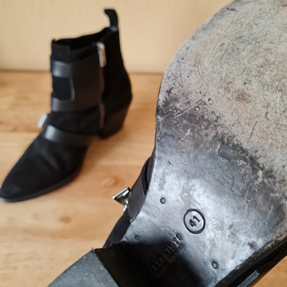 Allsaints Lulu Triple Buckle Black Moto Pointed Toe Heeled Ankle Booties Boots - Picture 7 of 7